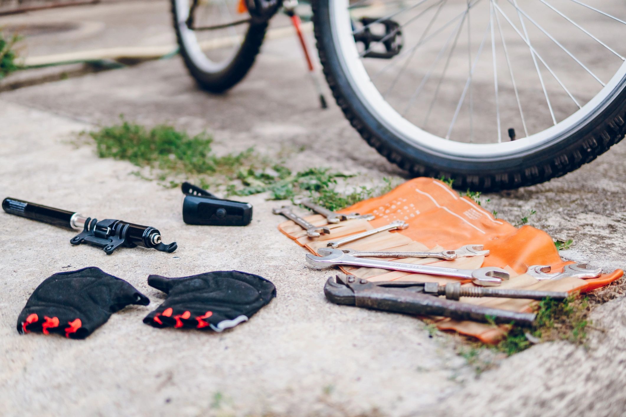 Bicycle repair tools laid out for maintenance